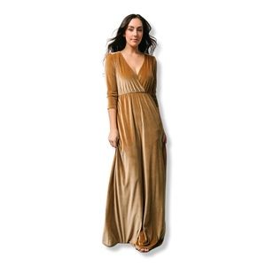 Baltic Born Gold Sofia Velvet Maxi Dress with V Neck, 3/4 Sleeve, Elastic Waist